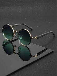 1 Pair Of Unisex Black Metal Round Glasses, Retro Punk Urban Style, Fashion Glasses, Suitable For Street Photography, Travel, Parties, Daily Use, Fishing, Camping, Summer Beach Holidays, Outdoor Activities, Trips - 金色漸層綠 - 查看 1