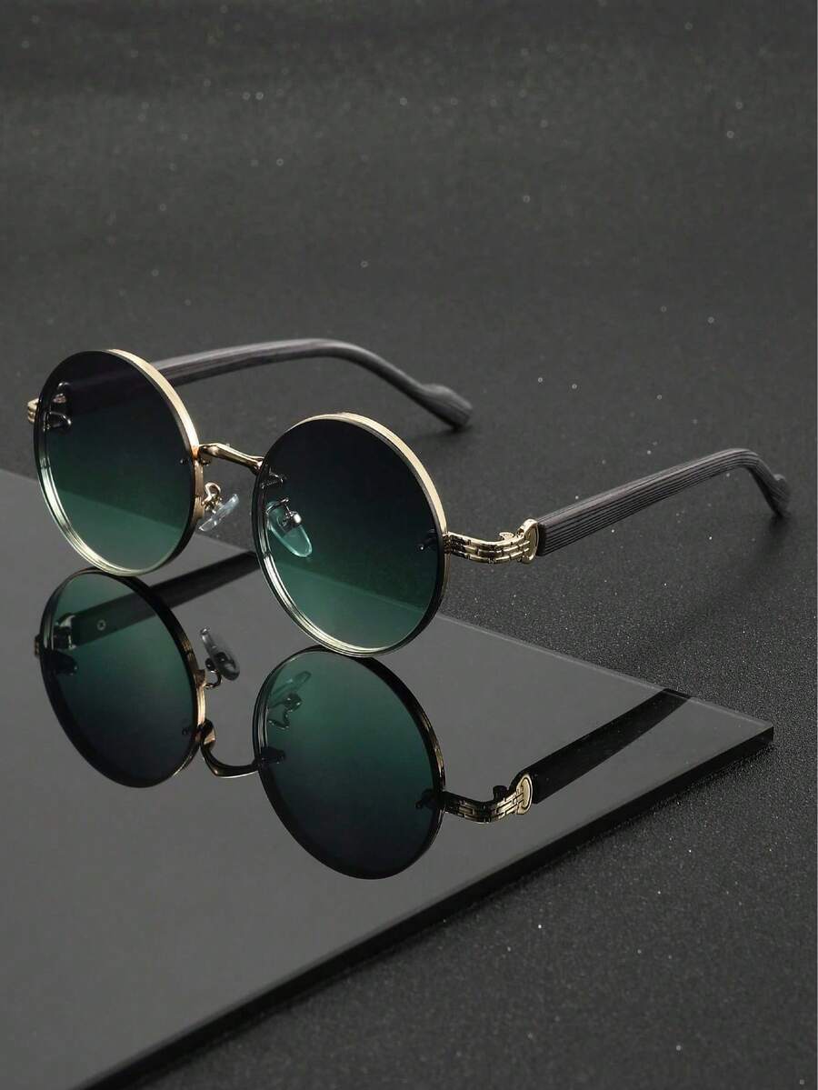 1 Pair Of Unisex Black Metal Round Glasses, Retro Punk Urban Style, Fashion Glasses, Suitable For Street Photography, Travel, Parties, Daily Use, Fishing, Camping, Summer Beach Holidays, Outdoor Activities, Trips - 金色漸層綠 - 查看 1