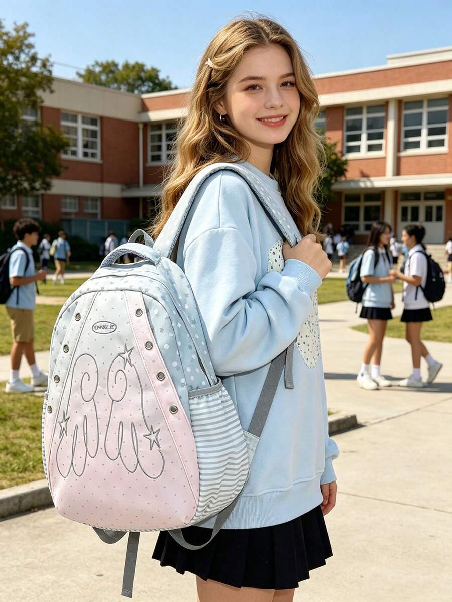 1pc Backpack Cute Backpack Featuring Sweet Polka Dot Trim And Wing Pattern Lightweight Schoolbag Multi Compartment For Students Durable Casual Daypack With Side Pockets Ideal For Daily Travel School Supplies Essential For The Start Of School Season