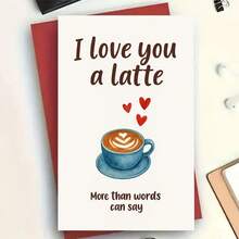 Tarjeta de felicitación romántica para amantes del café, "Las palabras no pueden expresar" Ilustración de café latte azul - 13x18cm - Ver 1