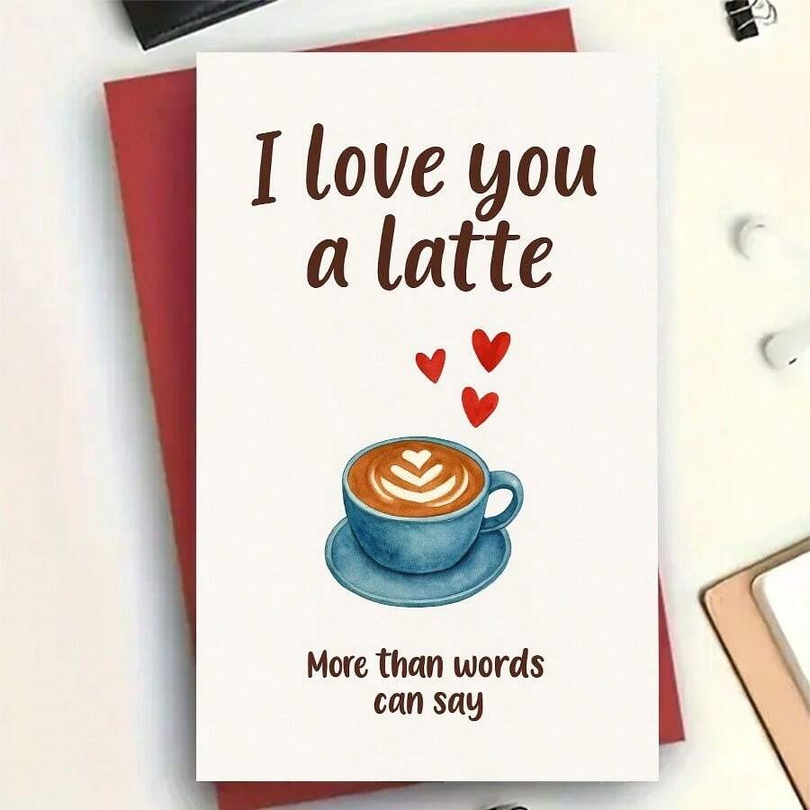 Tarjeta de felicitación romántica para amantes del café, "Las palabras no pueden expresar" Ilustración de café latte azul - 13x18cm - Ver 1