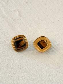 1 Pair Women's Stainless Steel Gold Thick Square Stud Earrings, Faux Tiger Eye Stone Geometric Earrings, Vintage Exaggerated Luxury Fashion 18k Gold Plated Jewelry, Suitable For Daily Wear And Party Outfit - Gold - View 5