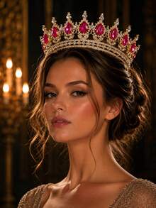 KOVLYNE 1Pc Gold Plated Crystal Crown - Teardrop Rhinestone Full Round Tiara, Styling Supplies For Wedding, Prom & Pageant - Multicolor - View 17