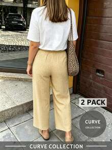 Plus Size Lemon Print T-Shirt And Plaid Wide Leg Pants Set - Casual Coordinated Outfit, Comfortable And Versatile For Autumn Summer Elegant - Yellow - View 2