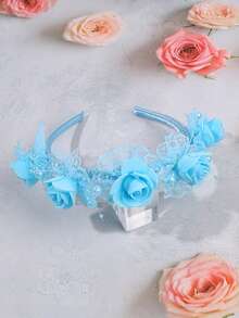 1pc Blue Lace Headband For Girls Flower Hairband Faux Pearl Hair Hoop Elegant Headwear Wedding Party Vacation Gift Headdress Teens Hair Accessories - Blue - View 5