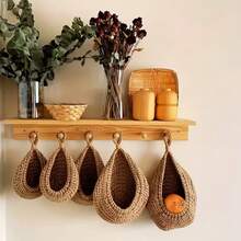 3pcs Water Drop Shaped Cotton Rope Woven Hanging Bags, Sturdy Woven Construction With Secure Hanging, Open Top For Easy Access, Wall Storage And Decoration Dual Use, Pastoral Style Versatile, Suitable For Home Wall Decor And Gift Giving - Multicolor - View 7