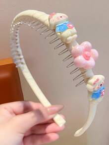 1pc Cute Cartoon Animal Teeth Headband Set, Macaron Color Wrapped Hair Tie With Bear, Rabbit, Cloud, Flower Decoration, Girls Face Washing Hair Accessory - Multicolor - View 4
