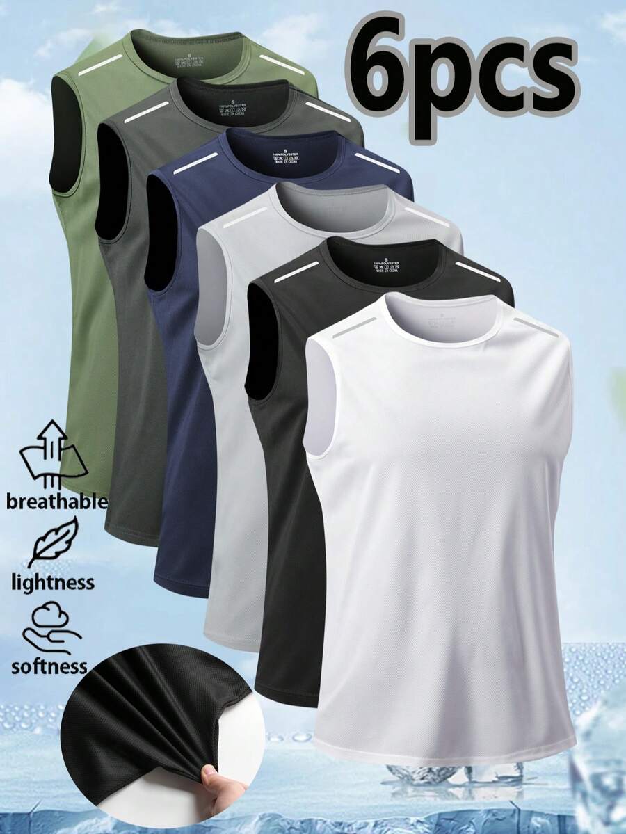 6pcs Men's Solid Color Sports Casual Sleeveless Tank Tops, Mesh Fabric, Inner Wear Home Outdoor Casual Tops Summer - Multicolor - View 1