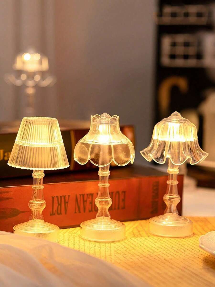 Transparent Vintage Mini LED Desk Lamp, Striped Bell Flower Lotus Street Light Design, Soft Light Bedside Lamp, Transparent Desktop Aesthetic Decor, Suitable For Bedroom Nightstand, Dorm Vanity, Birthday Holiday Warm Room Decoration Light, Sweet Gift