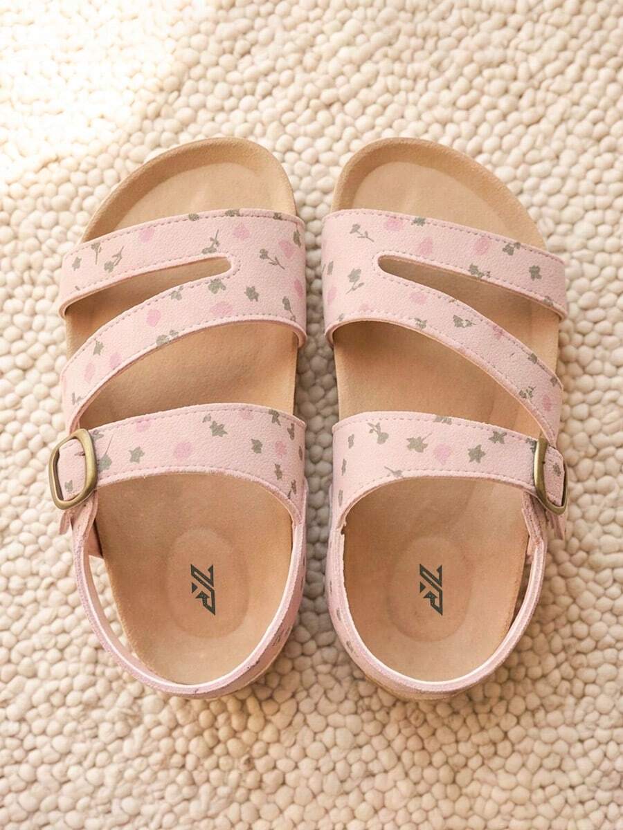 Sandal Pink Terbaru untuk Musim Panas - Anak Perempuan Usia 3-12 Tahun. Bahan Suede Pink. Motif Bunga. Gesper Logam. Gaya Country yang Elegan. - Berwarna merah muda - View 1