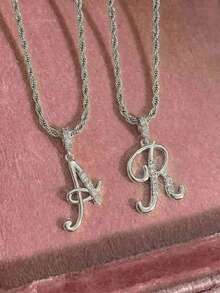 1pc 60cm Fashion Trending Letter Crown Pendant Stainless Steel Twist Chain Necklace, Unisex, Can Be Worn As Choker, Christmas/Birthday Gift For Friends - Silver - View 7