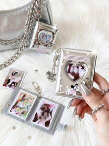 Y2K Silver Mini Photo Album Keychain Cute Heart Hollow 2 Inch Photo Book Keyring Car Keychain Portable Photo Holder Pendant Bag Charm Gifts - Multicolor - View 1