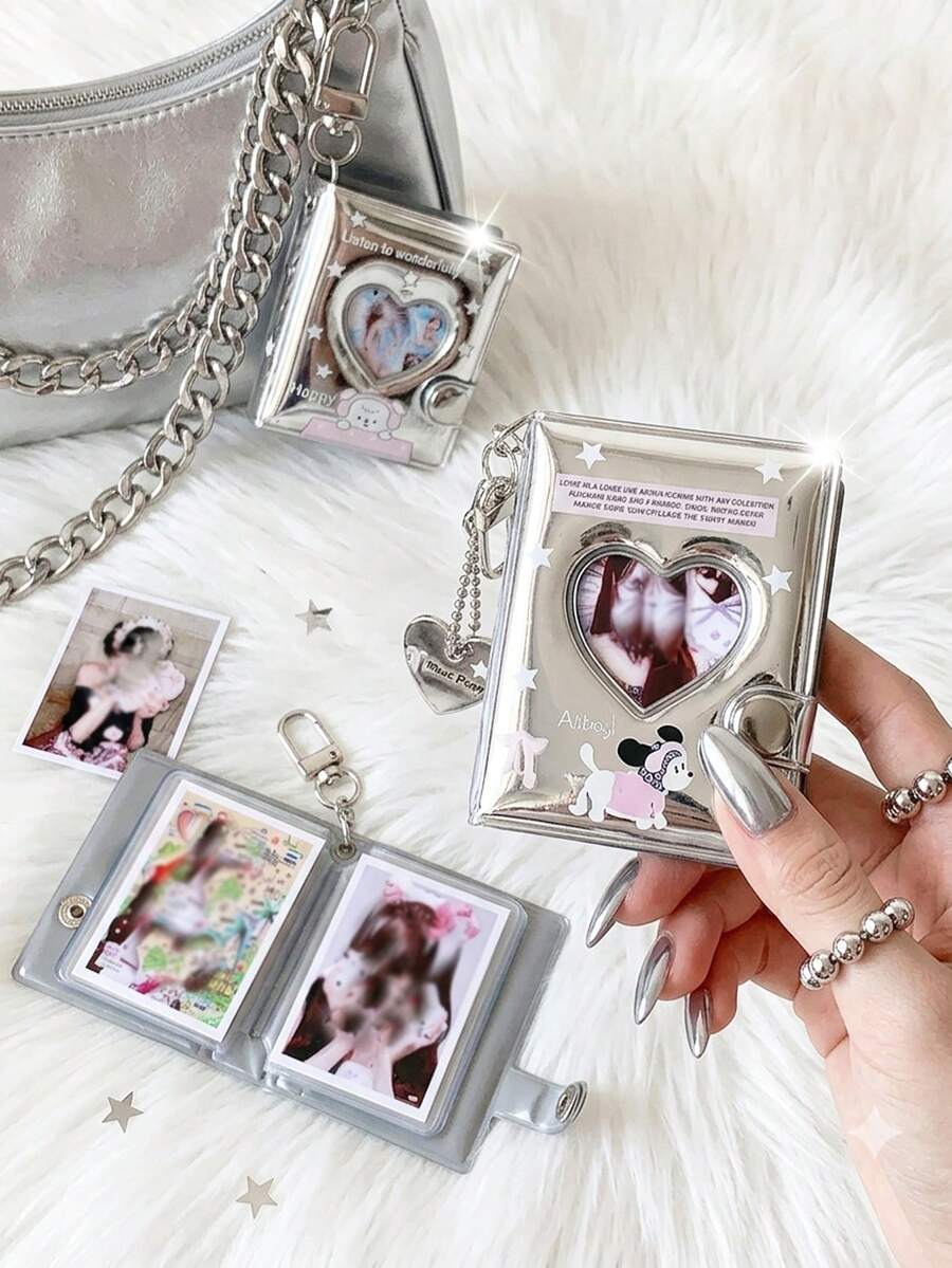 Y2K Silver Mini Photo Album Keychain Cute Heart Hollow 2 Inch Photo Book Keyring Car Keychain Portable Photo Holder Pendant Bag Charm Gifts - Multicolor - View 1