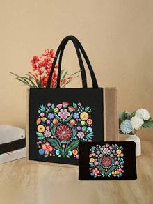 Bohemian Vintage Floral Tote Bag Set, Women's Tote Bag And Wallet Set, Minimalist Decoration, Mexican Style Print Includes Tote Bag And Coin Purse, Eastern European Art Style Large Capacity Women's Bag, Makeup Storage Bag, Simple Large Capacity Tote Bag, Portable Casual Shopping Bag, Multi-Functional Shopping Bag. School Campus & Travel Vacation Back To School Gift Small Gift Exchange, Back To School Season, Valentine's Day - Multicolor - View 8