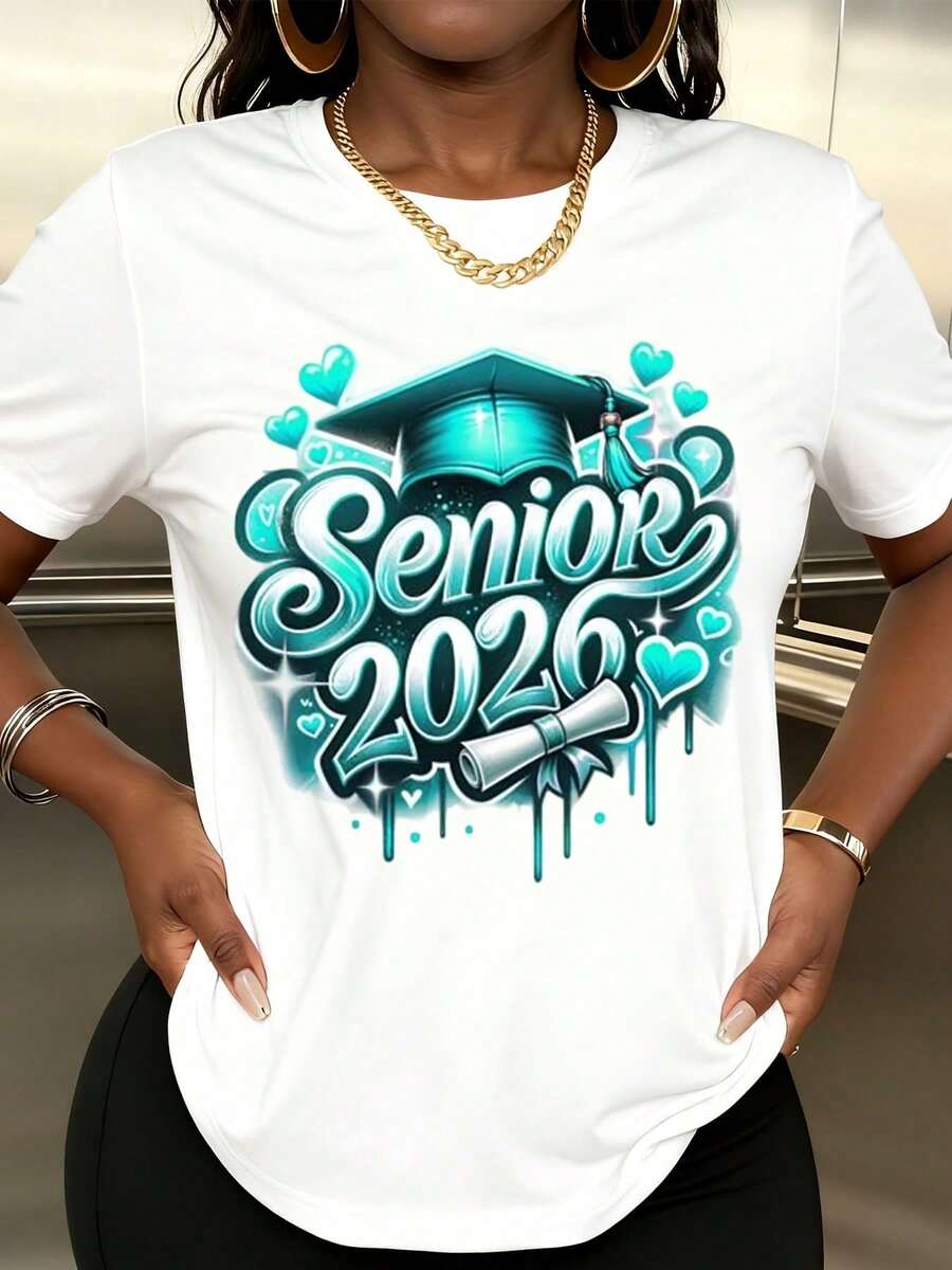 Fashionable Women's T-Shirt With Graduation Cap And Diploma Design For 2026, With Heart And Drop Graphics For Graduation Celebration - White - View 1