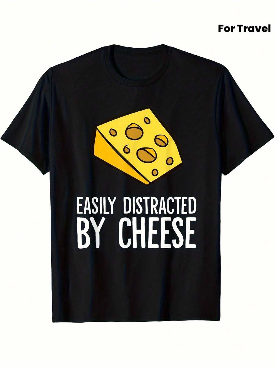 's Cheese Pattern T-Shirt, Casual And Comfortable, Suitable For Travel And Sports, Unisex - Black - View 1