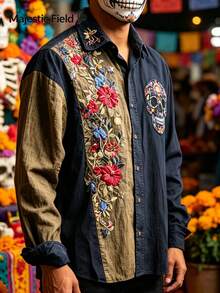 Camisa de manga larga para hombre con estampado de calaveras, ideal para un estilo casual o para ocasiones festivas. Camisa de secado rápido | Camiseta con diseño del Día de los Muertos - Azul - Ver 2