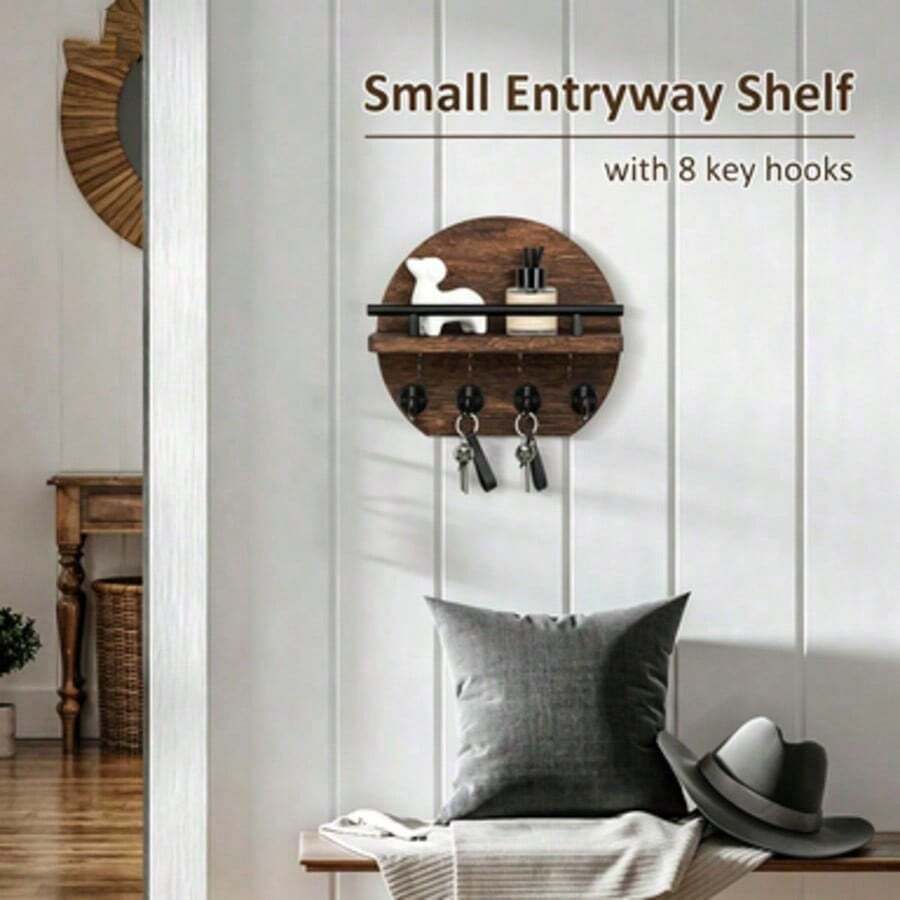 Wall-Mounted Key Rack - 9.8 Inch Apartment Wall Decor With Shelf And 8 Key Hooks, Round Wooden Key Holder, Home Decoration - 5 Hooks - View 1