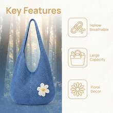 1PCS Blue Large Capacity Beach Tote Bag Women Lightweight Reusable Shoulder Bag For Swim Travel Picnic Daily - Blue - View 5