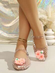 Women's Transparent PVC Floral Mary Jane Jelly Shoes, Hollow Breathable Flat Sandals, Pink Flower Decor, Suitable For Beach And Summer Daily Wear - White - View 3