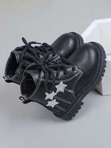 Girls' Star Pattern Thermal-Lined Boots, New Autumn/Winter British Style Soft Sole Anti-Slip Ankle Boots, Baby Toddler Warm Boots With Side Zipper Design For Easy On/Off, Versatile Wear-Resistant For Daily And Outdoor Use - Black - View 3