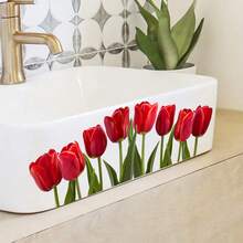 1pc Luxury Red Tulip Wall Sticker, Realistic Floral Design Bathroom Background Wall Creative Self-Adhesive Wall Decal - Multicolor - View 2