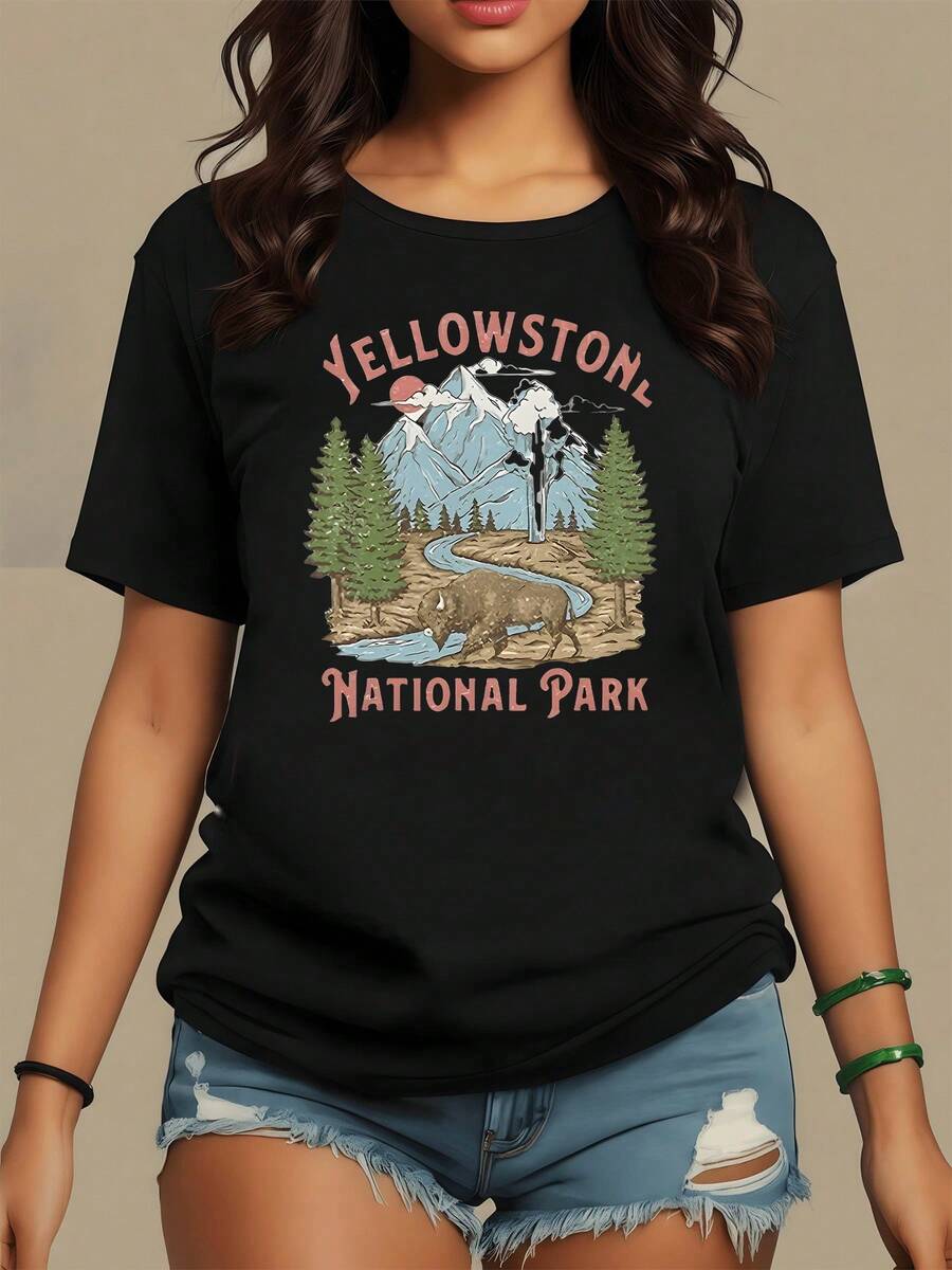 Bisonte errante entre montañas nevadas y bosques eternos bajo el sol de representa naturaleza pura camiseta de mujer - Negro - Ver 1