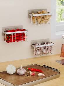 Stainless Steel Kitchen Storage Rack For Sponges, Dishcloths, Ginger, Garlic, And Scallions; A Drill-Free, Self-Draining Design That Is Waterproof And Moisture-Resistant-Easy To Install Without Damaging The Wall. - Multicolor - View 3