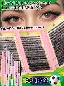 960片裝睫毛接種套組 30D+40D+50D 捲翹蓬鬆簇狀睫毛，含膠水、卸除液與鑷子，輕盈自然 DIY 單根睫毛，適合初學者，適用日常、婚禮、派對、旅行、音樂節，禮盒裝 - 黑色 - 查看 10