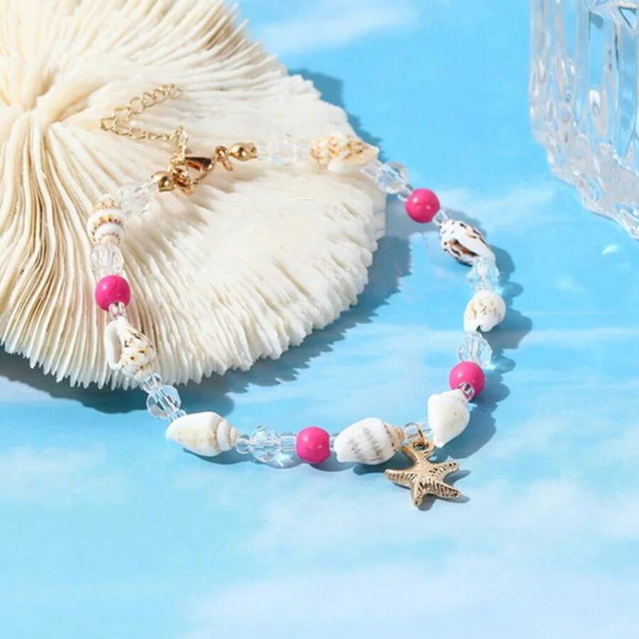 Women's Starfish Shell Anklets, Bohemian Ankle Bracelet, Rice Bead Leg Bracelet, Handmade Foot Chain, Bohemian Jewelry, Sandals, Gift - AK24Y0018-2 - View 1