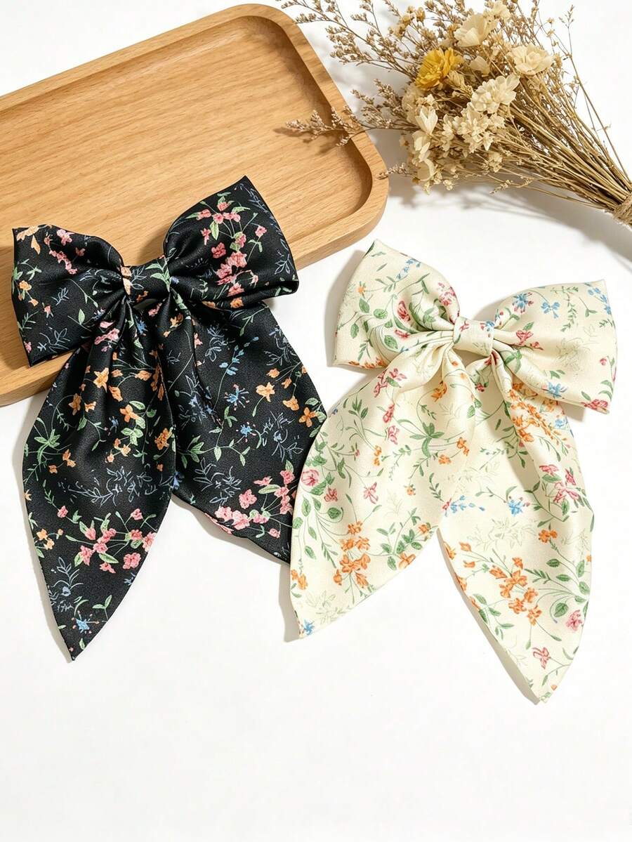 2 Stücke/Set Französischer sanfter Stil Blumen Schleife Band Haarspangen einfarbig lässig böhmisch Party süß Straßenstil elegant Zinklegierung,Haarklammern - Schwarz + Beige - Übersicht 1
