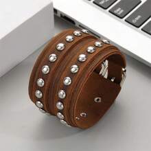 Pulseiras de Couro Legítimo com Punho Punk Metal Rock para Homens e Mulheres, Pulseiras com Contas de Metal, Pulseiras Ajustáveis Envolventes - Castanho - Visão 4