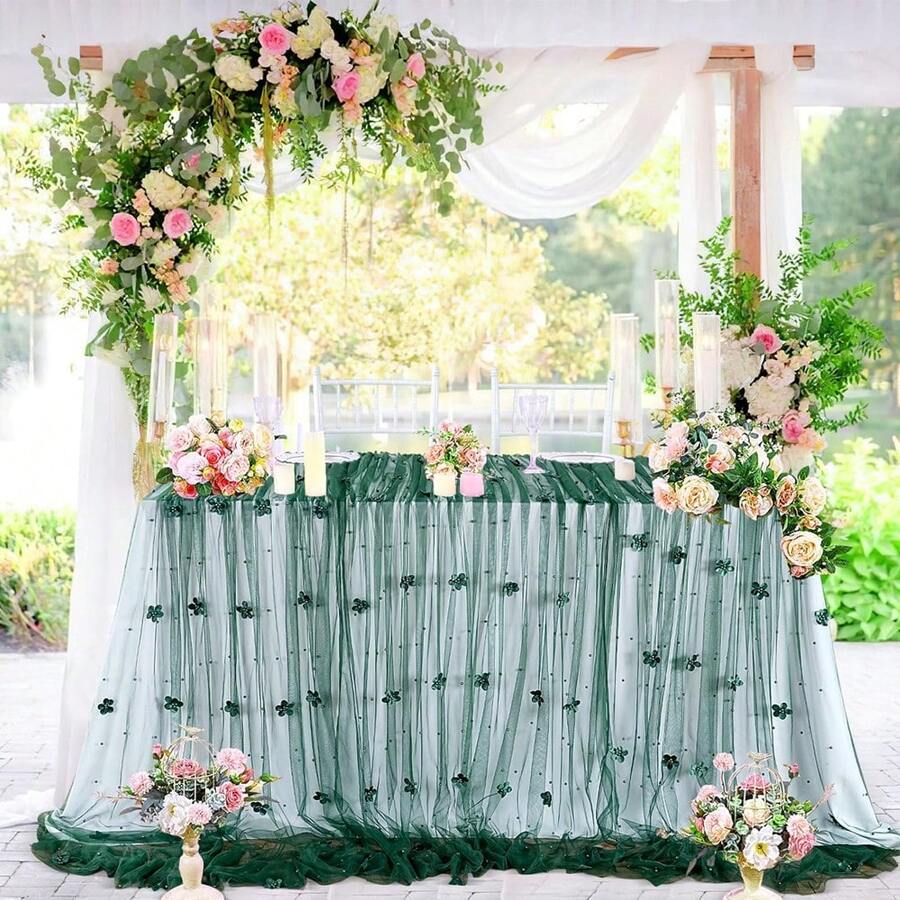 Pearl Table Runner 10ft,Table Cloth Tulle Table Cover,Pearl Table Runner For Wedding Party Baby Shower Birthday Home Decor - Dark Green Flowers - View 1