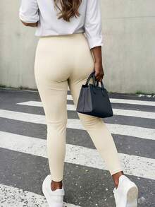 HOMEYEE Women's Fashion Casual Ribbed Knit Straight Leg Pants With Pockets, Long Design, Suitable For Daily Wear, Autumn - Apricot - View 2