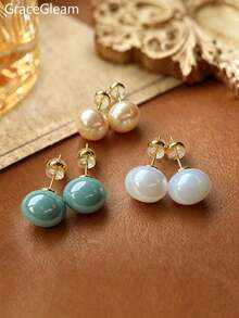 3 Pairs Round Bun Bead Blue White Champagne Color Niche Design High-End Faux Pearl Stud Earrings Elegant Fashionable Suitable For Women Holiday And Daily Wear - Three-piece Set Of Steamed Bun Beads - View 7