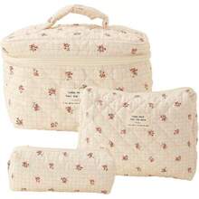 Tefola Neceser Floral De Algodn Bolsa De Maquillaje, Bolsa De Cosmticos Acolchada Con Asa De Gran Capacidad, Bolsa Organizadora De Maquillaje De Viaje Bolsa De Almacenamiento Multifuncin - Flor cuadrada - Ver 2