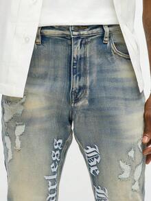 Celana Jeans Flare Bordir, Celana Jeans Flare Slim Fit Pria dengan Bordir Huruf, Celana Flare Sobek, Jeans Tumpuk Gaya Y2K, Jeans Bordir dengan Warna Kontras, Cocok untuk Semua Musim - Biru - View 3