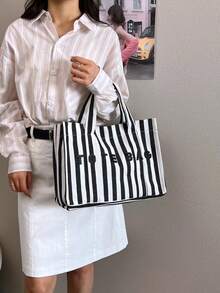 Fashionable Large Capacity Striped Tote Bag, Letter Decoration, Suitable For Women Shopping, Commuting And Daily Use - Black - View 4