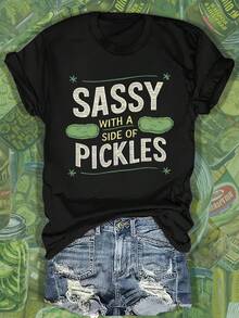 Simple And Versatile Design T-Shirt With Fun Pickle Print, Short Sleeve, Round Neck, Casual, Cotton For Women, Spring/Summer. - Hitam - View 2
