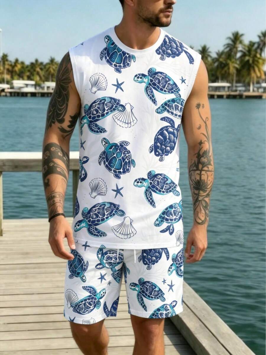 男士海洋海龜海星貝殼印花無袖背心與抽繩短褲2件套 夏季海灘休閒運動套裝 - 彩色 - 查看 1