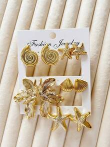1/5 Pairs Ocean Series Gold Starfish & Seashell Stud Earrings Set - Gold - View 3