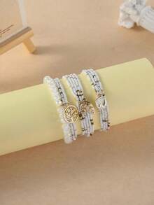 3pcs Alloy Tree Of Life Pendant Bohemian Style Grey White Rice Bead Bracelets - White - View 5