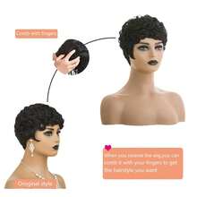Women'S Layered Short Curly Pixie Cut Wig With Bangs - Remy Peruvian Human Hair, Glueless Full Machine Made Curly Wave Wig, Music Festivals & Everyday Styling - Density, Suitable For All Light Types, Short Hair Wig - Natural Black - 查看 3