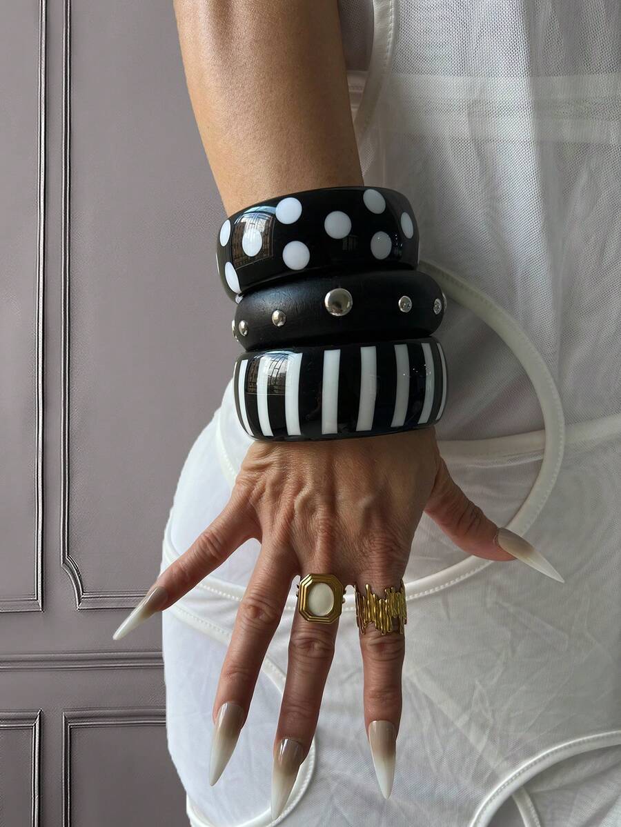 3pcs/Set Charming Resin Wide Chunky Bangle Bracelet Set For Women, Gift For Her - Multicolor - View 1