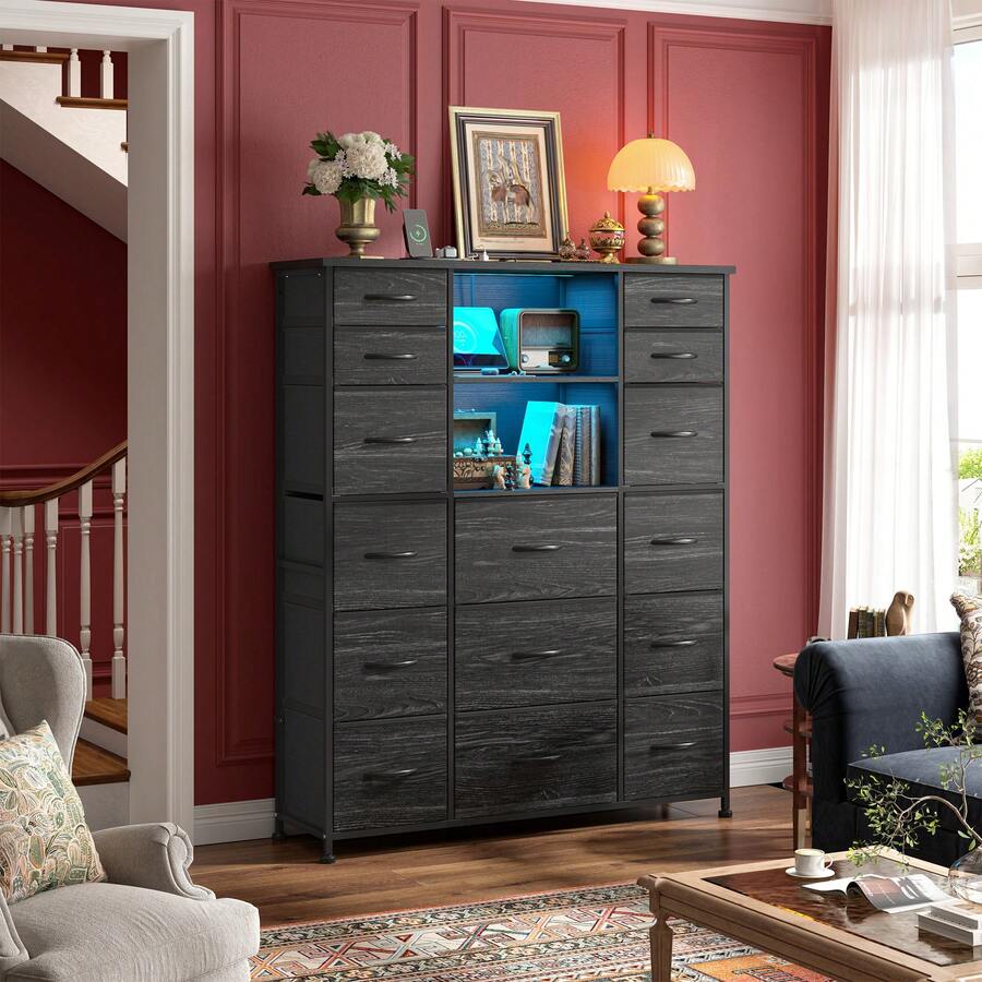 EnHomee 51"H Tall Dresser With Fabric Drawers, Dresser For Bedroom With LED Lights & Hutch Sturdy Fabric Bedroom Dresser, Steel Frame, Wood Top, 51.2"H X 39.3"W X 11.8"D, Mother's Day Decor, Room Decor, Home Decor, Black Wood Grain - 黑色 - 查看 1