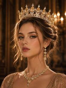 KOVLYNE 1Pc Gold Plated Crystal Crown - Teardrop Rhinestone Full Round Tiara, Styling Supplies For Wedding, Prom & Pageant - Multicolor - View 5