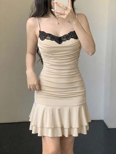 abyoxi Yellow Lace Trim Pleated Mesh Strap Dress With Ruffle - Sexy Party Style