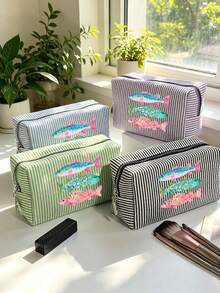 Seersucker Small Makeup Bag, Striped Embroidered Makeup Bag, Large Capacity Cosmetic Storage Bag, Travel Toiletry Bag, Perfect For Beach Trips, Swimming, Shopping And Daily Use, Suitable For Women, Travelers And Beach Lovers, Perfect For Spring Break, Easter, Mother's Day, Vacation And Gift Giving, Woven Material, Can Be Used As A Beach Bag, Shopping Bag And Travel Companion - Multicolor - View 2