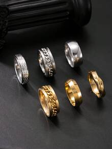 Set de 5 anillos minimalistas de acero inoxidable, en colores plateado, dorado y negro, con diseño de cadena giratoria, adecuados para deportes al aire libre y uso diario - Juego de 5 piezas - Ver 21
