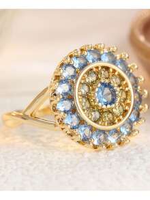 Bohemian Style Sunflower Design Double Layer Blue Synthetic Zirconia Inlaid Ring, Elegant Women's Ring, Sparkling Daily And Party Jewelry Accessory - Gold - View 1